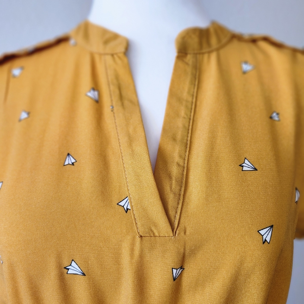Sweet Rain Mustard Yellow Cap-Sleeve Mini Dress Paper Airplane Print Medium - Picture 6 of 15